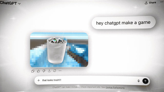 A ChatGPT conversation asking it to make a game, beside a pixelated trash icon