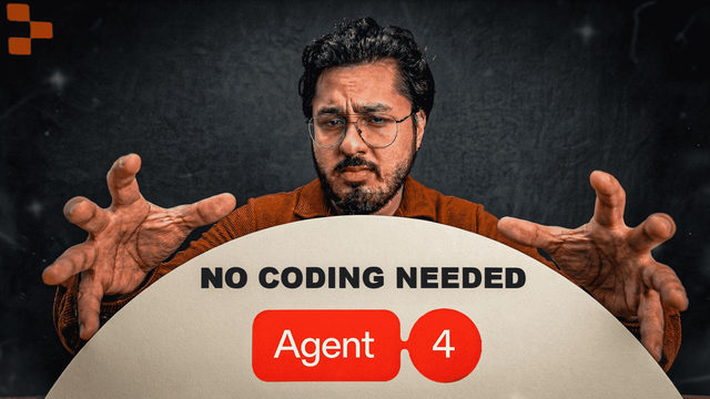 A man gesturing at the camera above the words NO CODING NEEDED and an Agent 4 badge