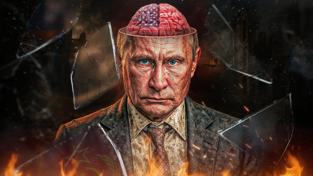 A political figure with an exposed brain against fire and shattered glass