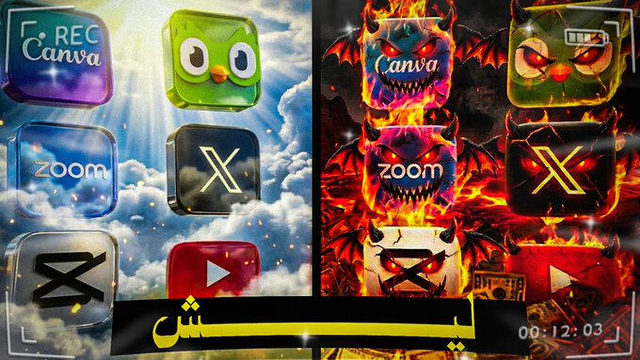 A split composition contrasting app icons in clouds with the same icons rendered in fire