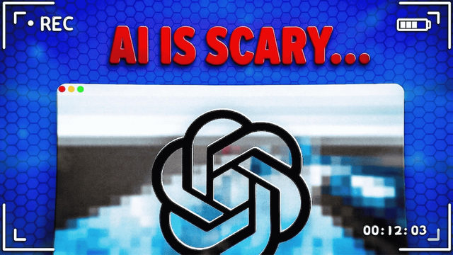 AI IS SCARY in red over a pixelated OpenAI logo in a recording frame