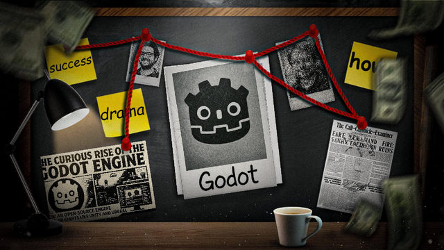 A detective corkboard about the Godot engine, newspaper clippings joined by red string