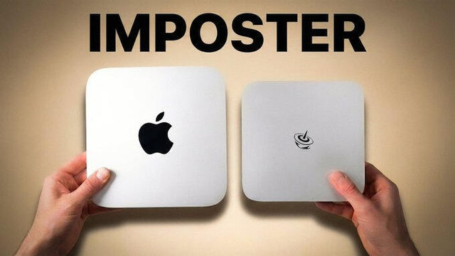 IMPOSTER in bold type with two hands holding a Mac mini and a look-alike box