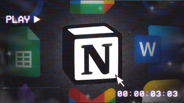 The Notion logo flanked by spreadsheet and document icons with a recording timecode