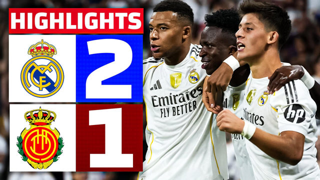 Football highlights with a Real Madrid two, Mallorca one scoreline and celebrating players