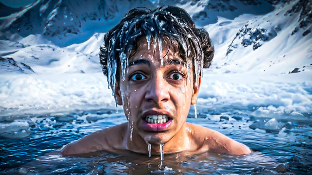 A person swimming in icy water below snow-covered mountains