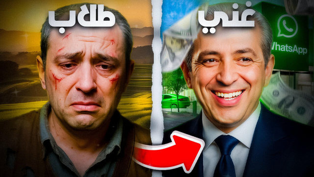 An Arabic split contrasting a distressed face with a smiling one in a suit beside a WhatsApp logo